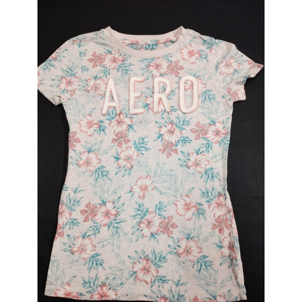 Tropical Aeropostale Pink & Aqua Floral Short Sleeve Beach Tee